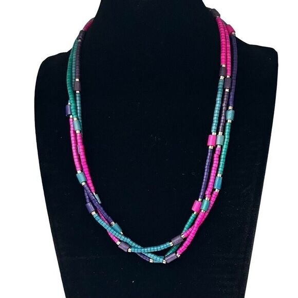 Triple Strand Beaded Necklace Multicolor Disc Beads Colorblock Silver-tone Hook - Picture 2 of 7